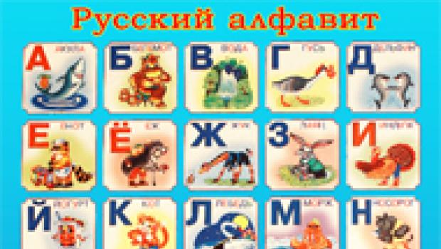 Alfabet Rusia dalam urutan huruf cetak, huruf besar dan kecil dari A sampai Z, diberi nomor maju dan mundur: foto, cetak